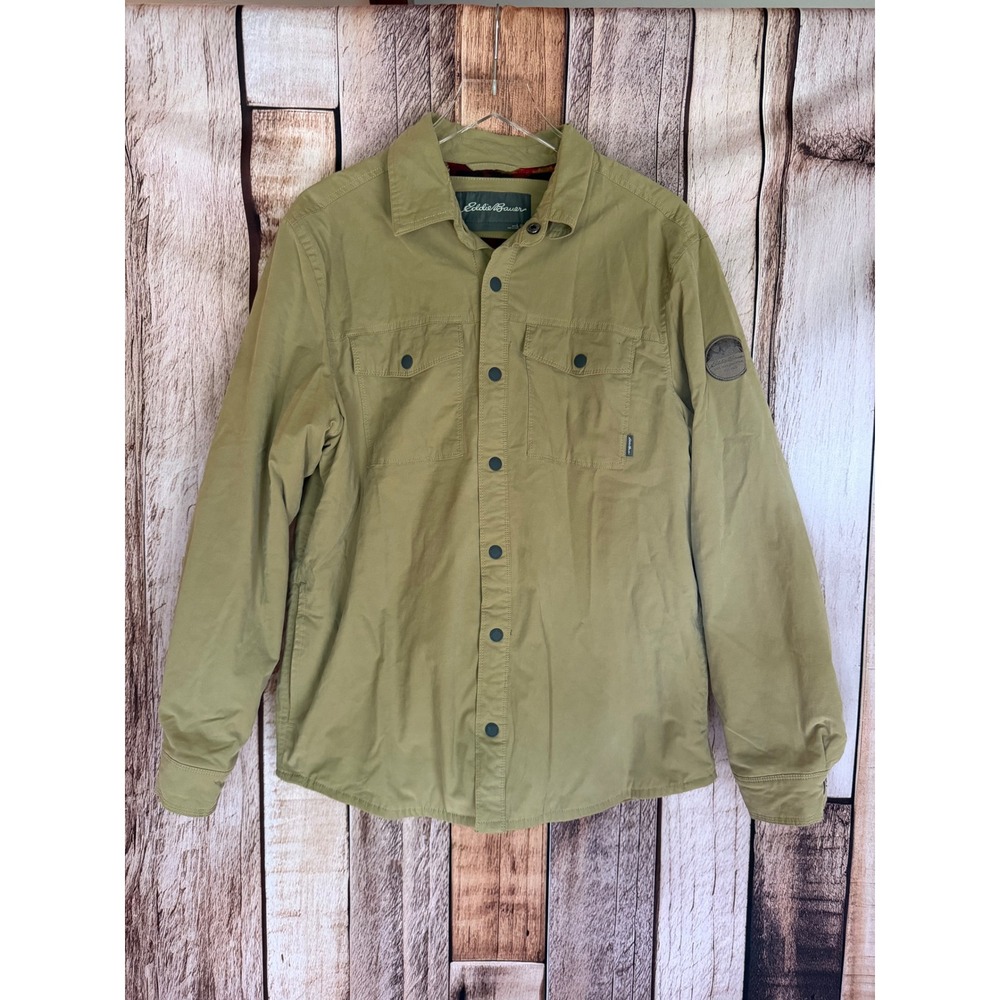 Eddie Bauer Fleece Lined Shirt Jacket Snap Front Outdoor Tan Utility Large